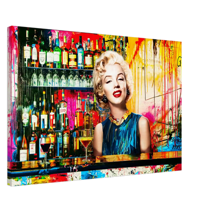 Thick canvas print of Marilyn Monroe standing behind a bar with alcohol bottles on the shelves, vibrant abstract colors, graffiti, and paint. Monroe's Cocktail Hour-Graphique Addictions.