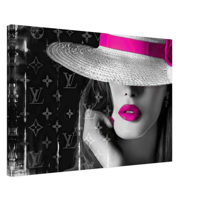 Thick canvas print of a close-up of a woman wearing a white hat with pink bow against Louis Vuitton inspired monogram background. Pink Lipped Chic in Monogram-Graphique Addictions.