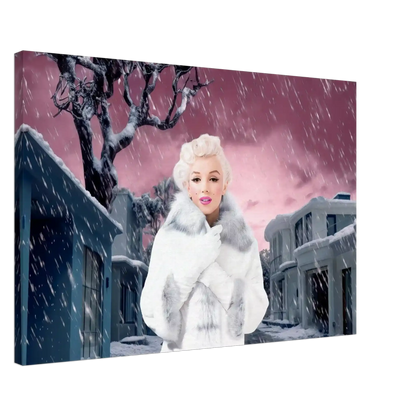 thick canvas of marilyn monroe wearing a white fur coat and gloves, standing under a snowy sky with a pink hue, surrounded by gray houses. 