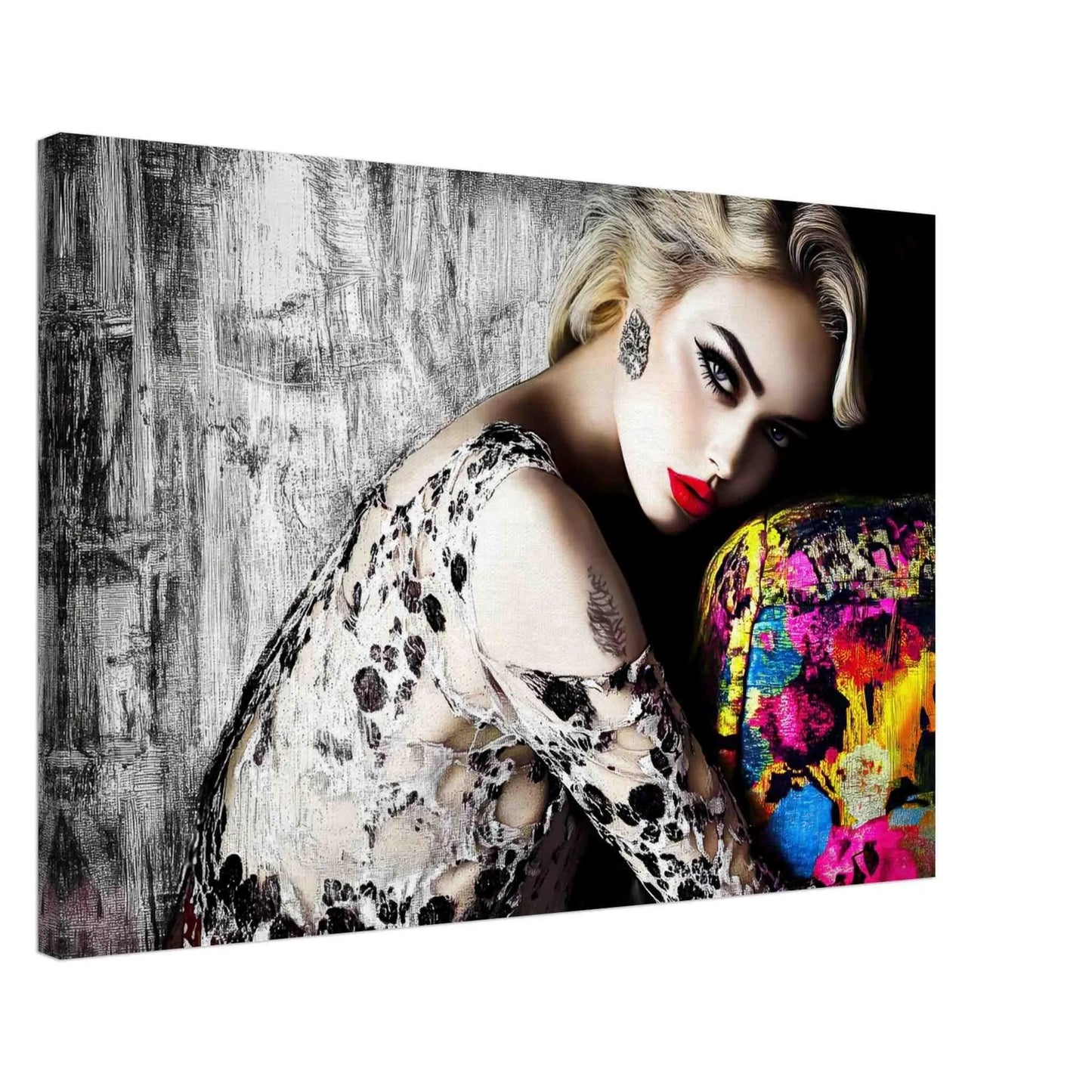 Thick canvas print of blonde model with bold red lips, wearing a black-and-white lace dress, leaning against a colorful sofa with a textured black-and-white wall in the background. Red Lips and Lace-Graphique Addictions.