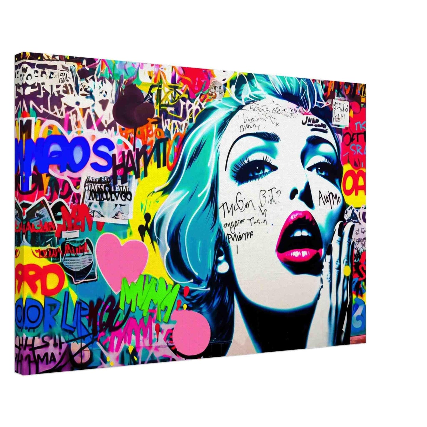 A cartoon woman with her hand on her mouth surrounded by large pink hearts and background of bright colors and patterns. Canvas Print-Thick-Shouts in Spectrum-Graphique Addictions