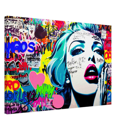 A cartoon woman with her hand on her mouth surrounded by large pink hearts and background of bright colors and patterns. Canvas Print-Thick-Shouts in Spectrum-Graphique Addictions