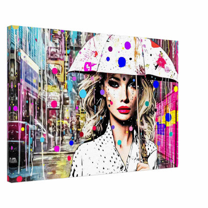 Thick canvas print of woman holding a white umbrella with colorful dotted paint splatters. Vivid Vogue Rainfall, Graphique Addictions.