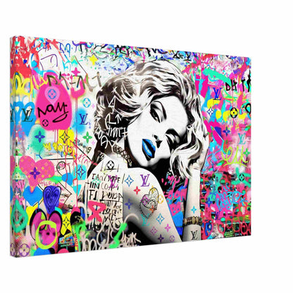Thick canvas print of Madonna wearing blue lipstick surrounded by colorful graffiti and LV monogram tattoo on her arm. Vuitton Tattoo Vixen-Graphique Addictions