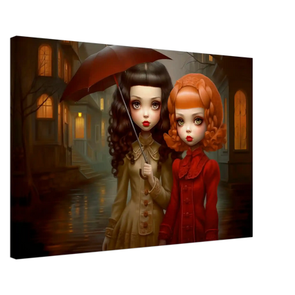 thick canvas art print of Victorian-inspired dolls standing under the rain on a quiet, moonlit street holding an umbrella. Gothic Rain Dolls-Graphique Addictions.
