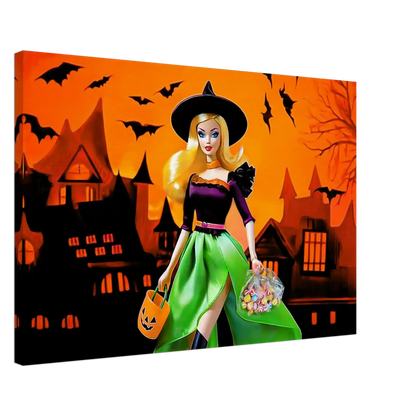 thick canvas print of a Halloween-themed barbie dressed as a witch. Haunted Barbie Witch-Graphique Addictions.