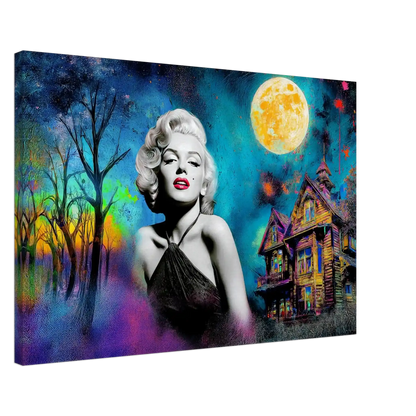 colorful painting of Marilyn Monroe wearing a black dress with a haunted house and moon behind her. Moonlit Marilyn - Canvas Print-Graphique Addictions.