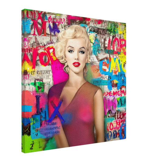 24x24 thin canvas print of colorful artwork of marilyn monroe wearing a pink dress with graffiti-style letters. Marilyns Letter Chaos-Graphique Addictions.
