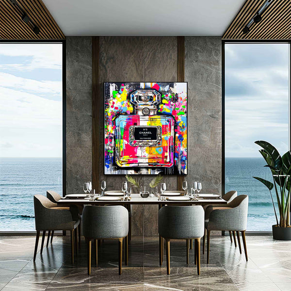 Kitchen wall decor Chanel No5 perfume bottle with colorful graffiti splashes on a gray gradient background. Urban Eau de Chanel-Graphique Addictions