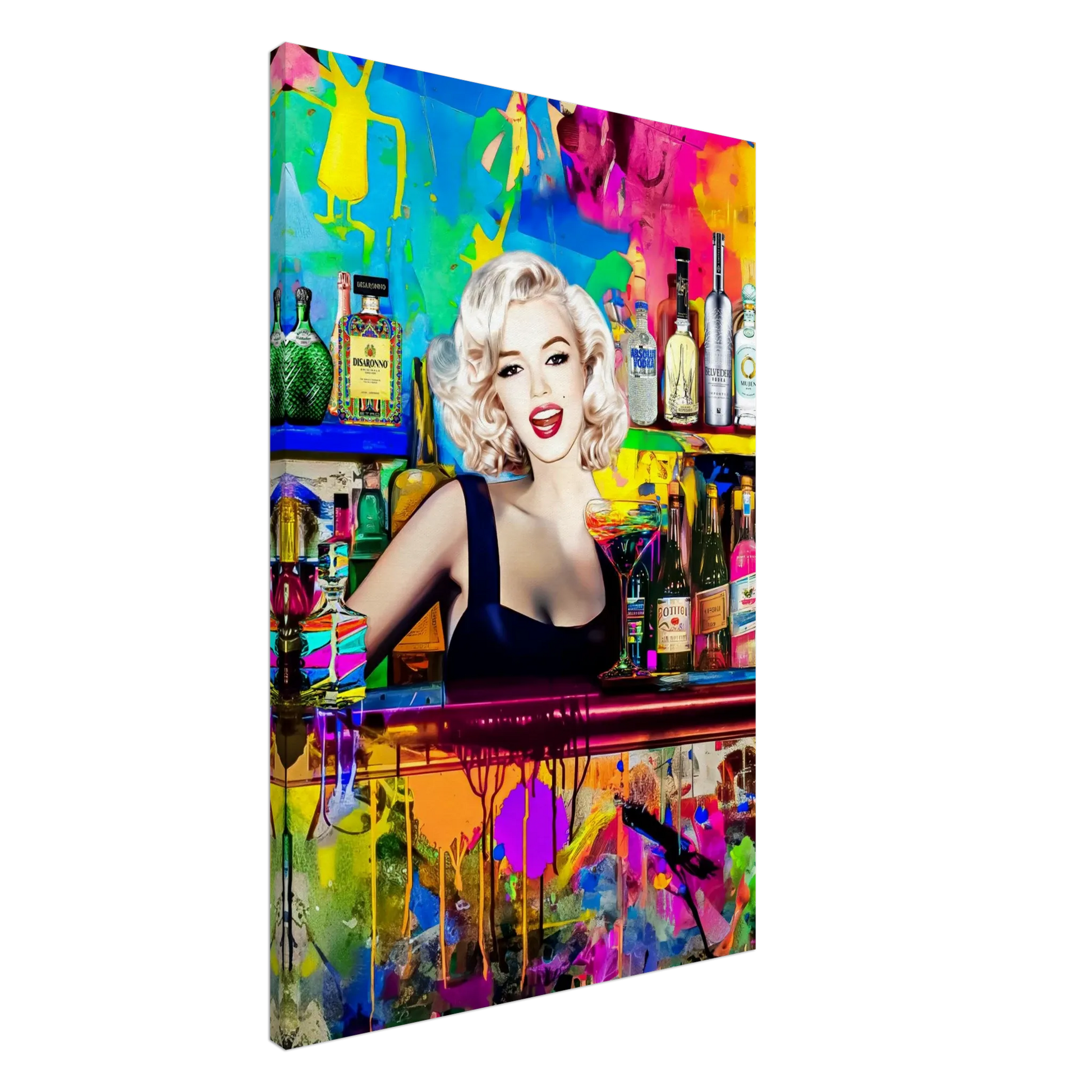 Slim vertical canvas print of Marilyn Monroe as a bartender, in a colorful bar surrounded by vibrant abstract patterns and shelves stocked with colorful liquor bottles. Monroe Mixology-Graphique Addictions.