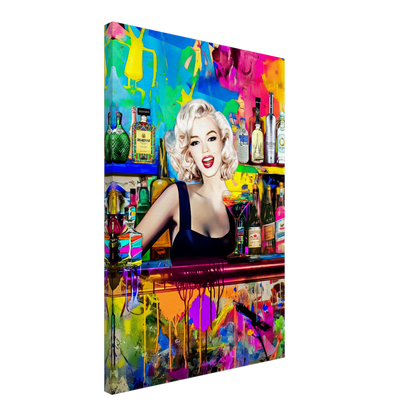 Thick vertical canvas print of Marilyn Monroe as a bartender, in a colorful bar surrounded by vibrant abstract patterns and shelves stocked with colorful liquor bottles. Monroe Mixology-Graphique Addictions.