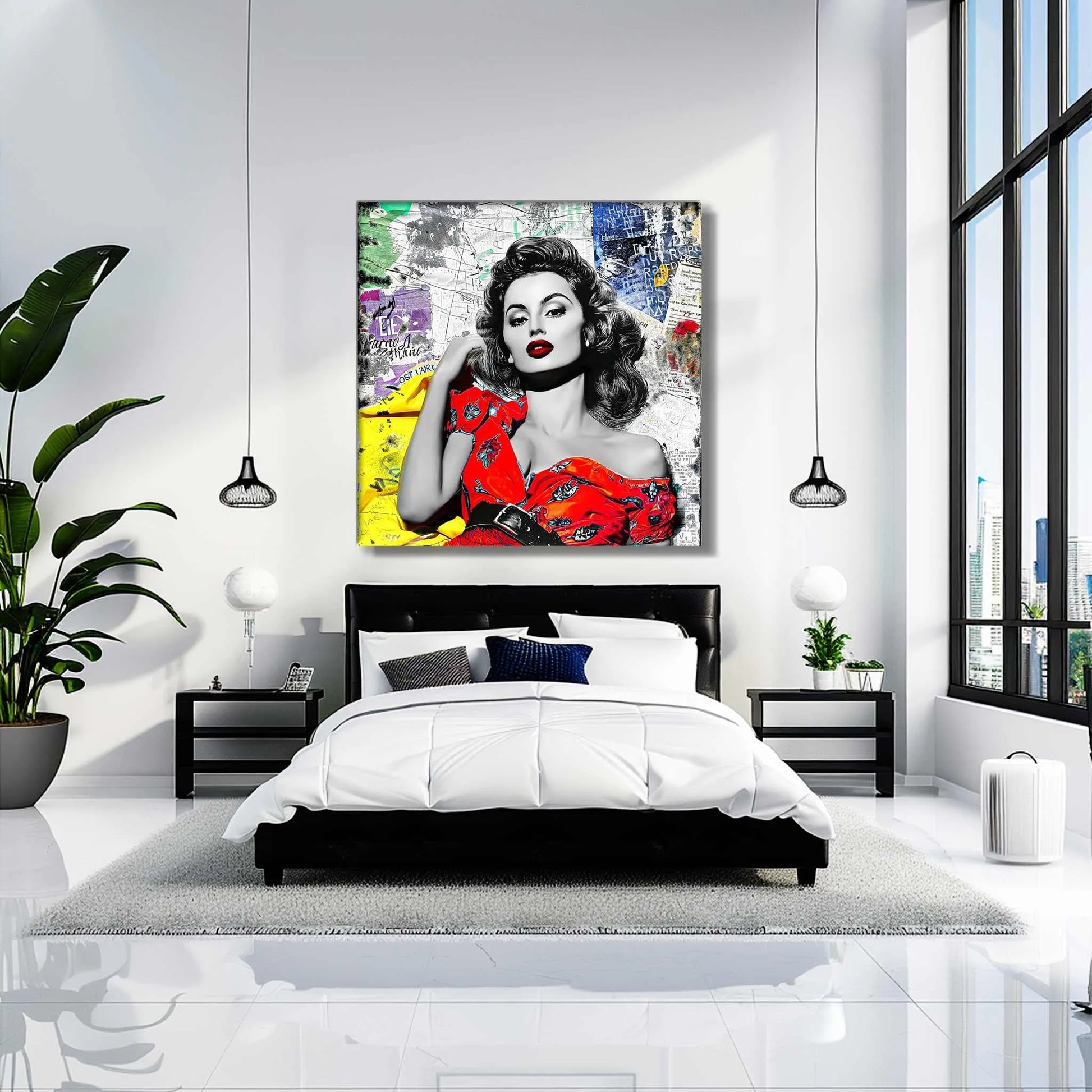Bedroom wall decor of Sophia Lauren in red dress surrounded by colorful newspaper clippings and maps. Vintage Starlet-Graphique Addictions