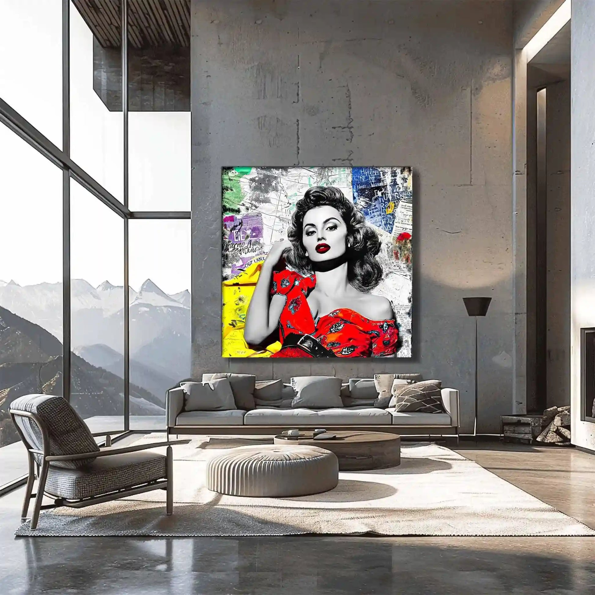 Living room wall decor of Sophia Lauren in red dress surrounded by colorful newspaper clippings and maps. Vintage Starlet-Graphique Addictions