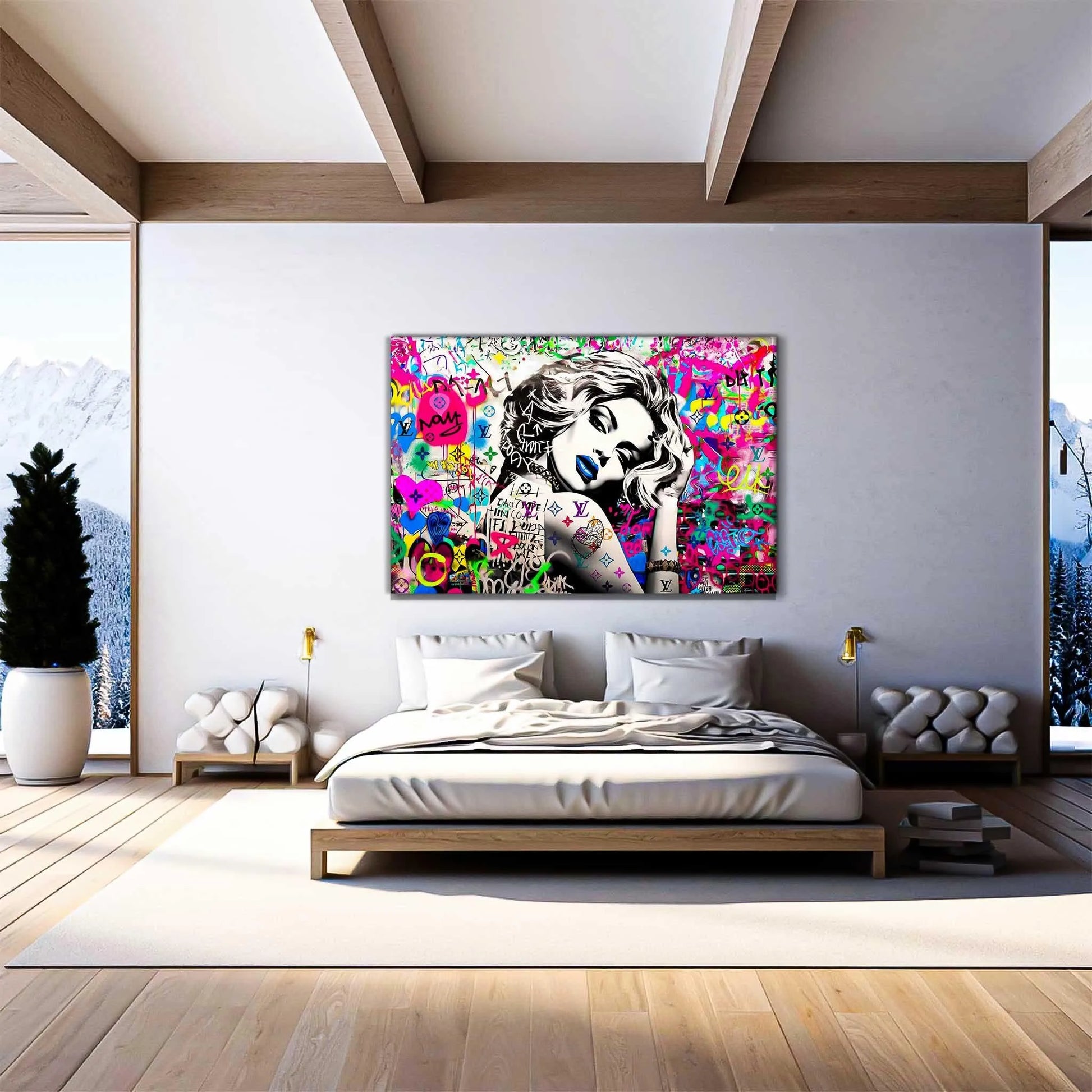 Bedroom mockup of Madonna wearing blue lipstick surrounded by colorful graffiti and LV monogram tattoo on her arm. Vuitton Tattoo Vixen-Graphique Addictions
