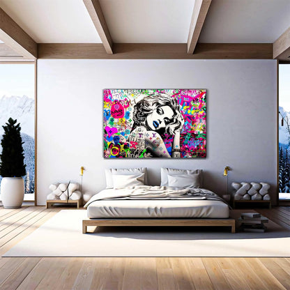 Bedroom mockup of Madonna wearing blue lipstick surrounded by colorful graffiti and LV monogram tattoo on her arm. Vuitton Tattoo Vixen-Graphique Addictions