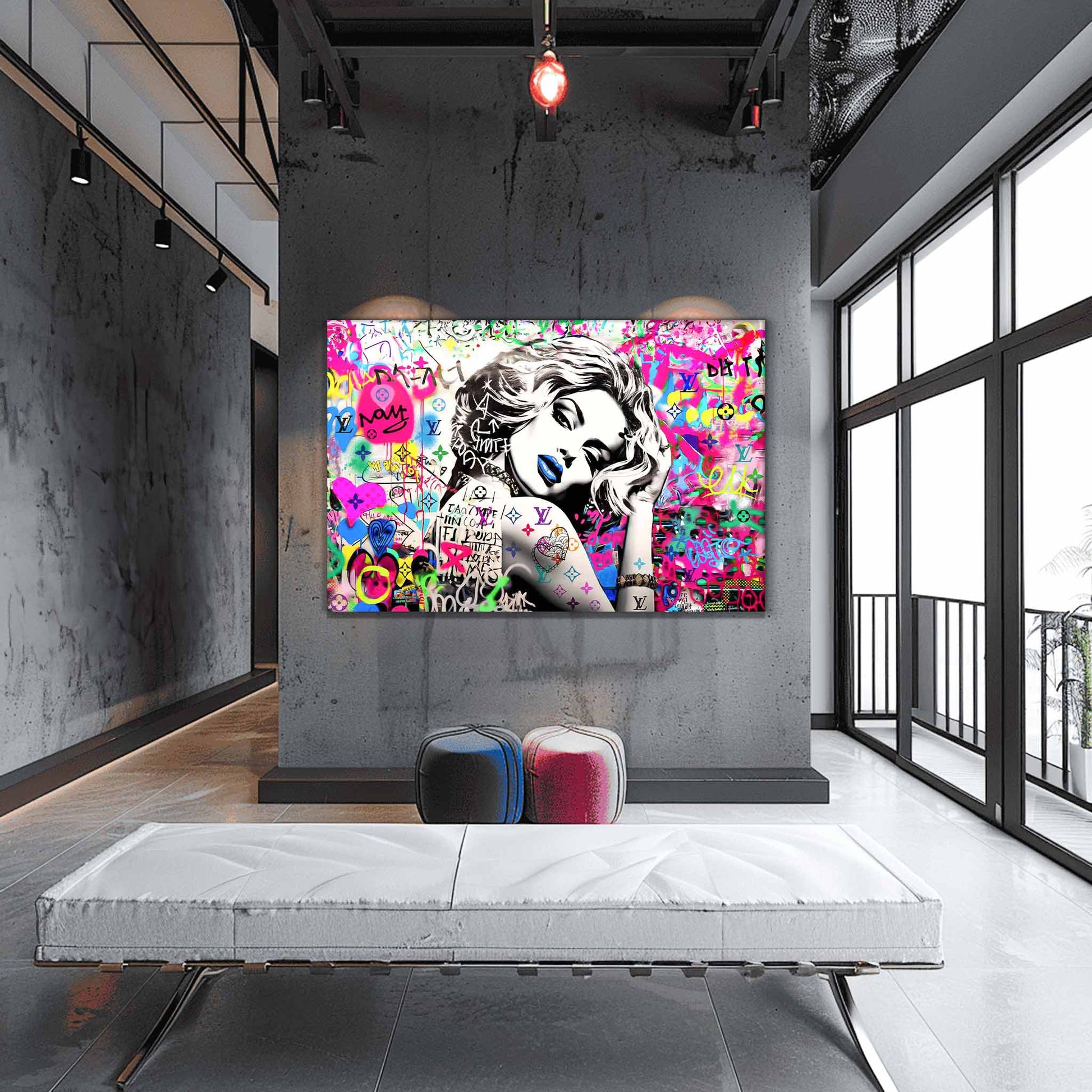 Industrial loft mockup of Madonna wearing blue lipstick surrounded by colorful graffiti and LV monogram tattoo on her arm. Vuitton Tattoo Vixen-Graphique Addictions