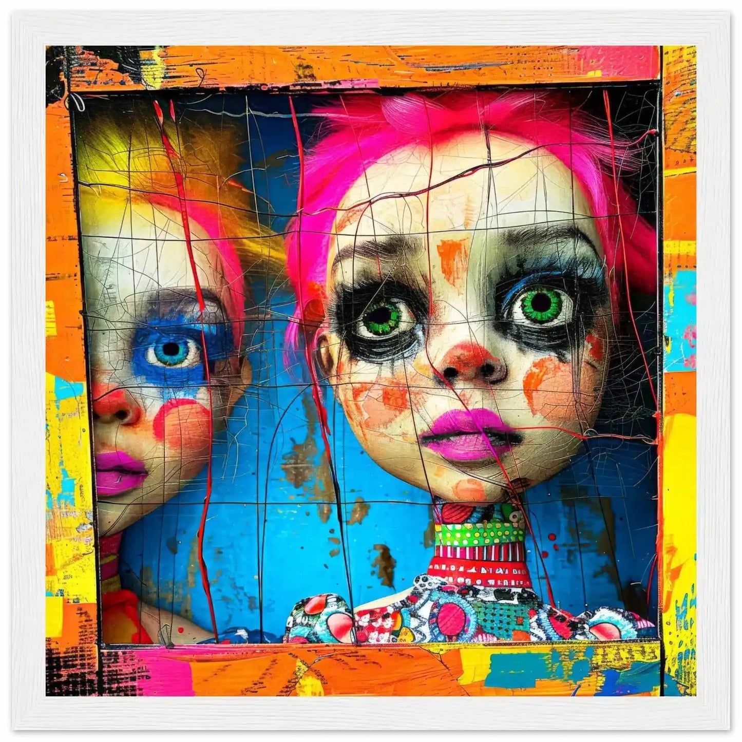 White wooden frame of two porcelain dolls looking out of a colorful wooden window. Abstract Dollhouse-Graphique Addictions.