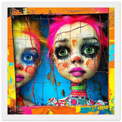 White wooden frame of two porcelain dolls looking out of a colorful wooden window. Abstract Dollhouse-Graphique Addictions.