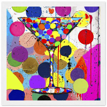 White wooden framed art print of a multi-colored polka-dotted martini glass and colorful dots in the background. Titled: Dotted Martini Delight-Graphique Addictions.