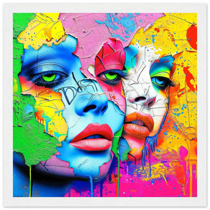 White wooden framed art print of 2 women's multi-colored porcelain faces that blend into a colorful painted background. Titled: Dual Pop Persona-Graphique Addictions. 