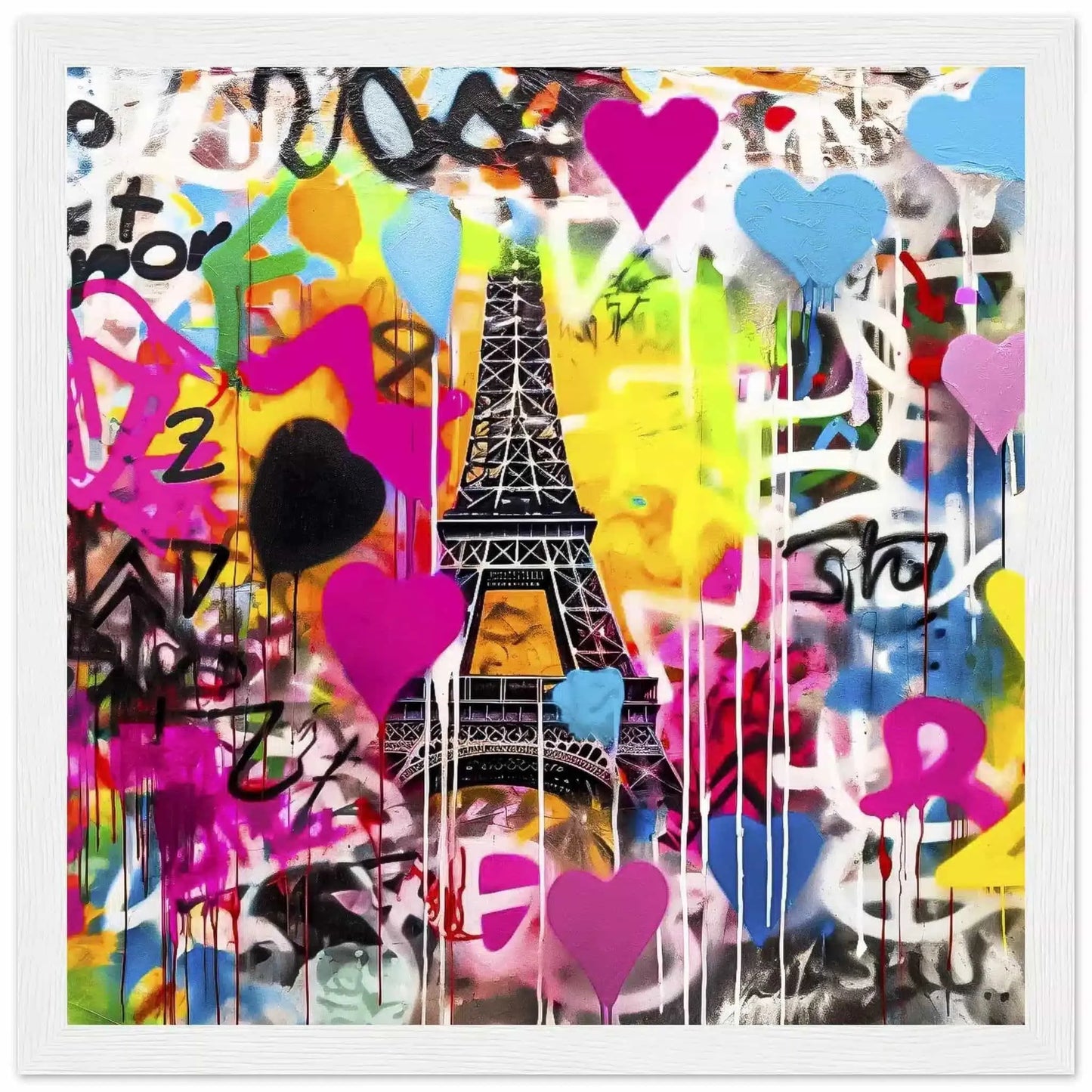 White wooden framed graffiti art print of the Eiffel Tower with colorful splashes, drips, and bold hearts in bright pink, blue, yellow, orange, and black-and-white. Title: Graffiti Paris-Graphique Addictions.