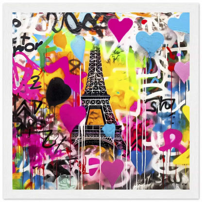 White wooden framed graffiti art print of the Eiffel Tower with colorful splashes, drips, and bold hearts in bright pink, blue, yellow, orange, and black-and-white. Title: Graffiti Paris-Graphique Addictions.