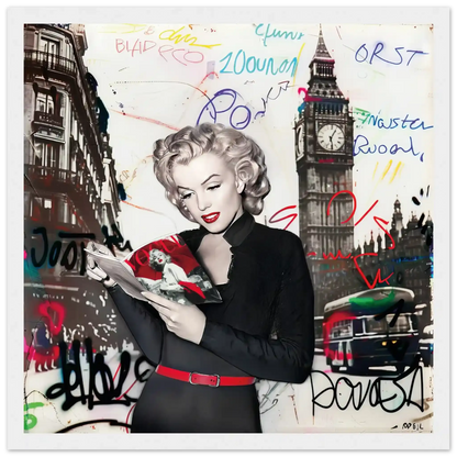 Black and white art of Marilyn Monroe in London with vibrant red lips, Big Ben behind her, and colorful graffiti.-white-12x12-inches-wooden-framed-print-marilyn-in-london, Graphique Addictions