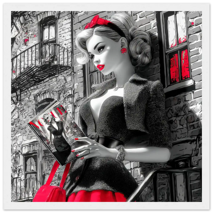 Black and white art of a fashion doll wearing a red skirt and black blazer, on a NYC street corner holding a magazine-white-12x12-inches-wooden-framed-print-nyc-noir-doll, Graphique Addictions