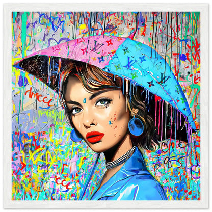 White wooden framed print of Audrey Hepburn holding an umbrella decorated with graffiti and Louis Vuitton-inspired monogram and a backdrop with patterns of graffiti and dripping paint. Painted Rainfall-Graphique Addictions.