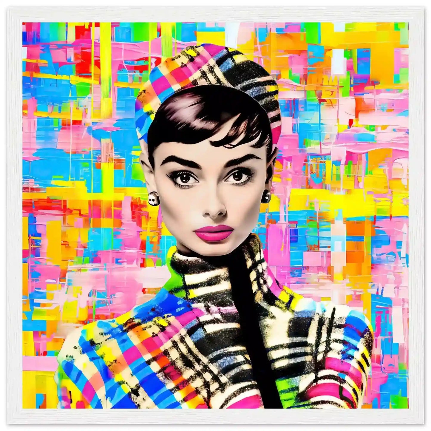 White wooden framed print featuring Audrey Hepburn on Multicolored Plaid Background.
