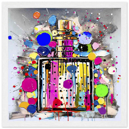 White framed print of perfume Bottle Paint Splash Pop Art - Polka Pop Aroma Canvas Print-Polka Pop Aroma-Graphique Addictions