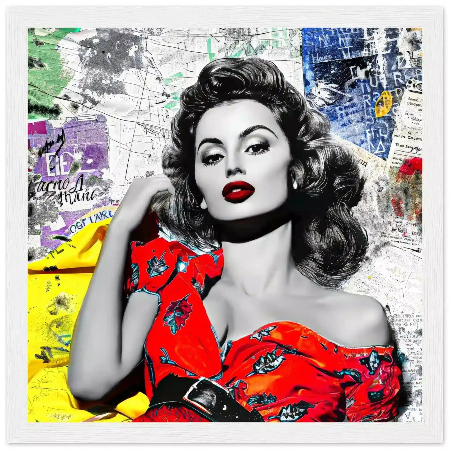 Sophia Lauren in red dress surrounded by colorful newspaper clippings and maps. White Wooden Framed Print-Vintage Starlet - Framed Print-Graphique Addictions
