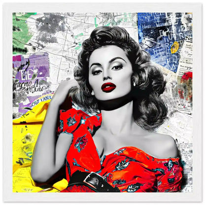 Sophia Lauren in red dress surrounded by colorful newspaper clippings and maps. White Wooden Framed Print-Vintage Starlet - Framed Print-Graphique Addictions