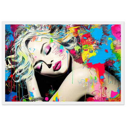 Blonde woman with colorful makeup, tattoos, and graffiti against a backdrop of colorful splashes. White wooden framed artwork titled: Colorful Captivation-Graphique Addictions. 