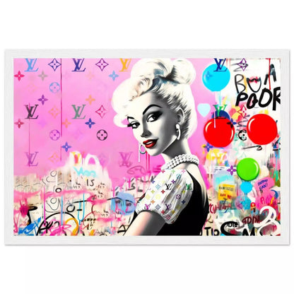 White wooden framed print of a barbie inspired doll wearing a black dress with white ruffles against a bubblegum pink backdrop of colorful LV monograms and graffiti and balloons. Luxe Pink Vuitton-Graphique Addictions.