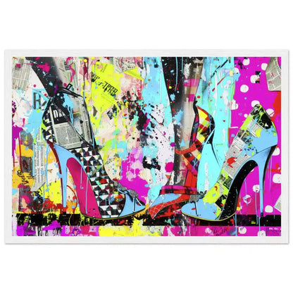 White wooden framed print of high heels against a backdrop of colorful newspaper texture collage and paint splashes. Neon Stiletto 80's Remix-Graphique Addictions.