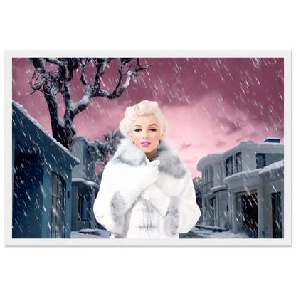 marilyn monroe wearing a white fur coat and gloves, standing under a snowy sky with a pink hue, surrounded by gray houses-white-12x18-inches-wooden-framed-print-pink-snowstorm-21, Graphique Addictions