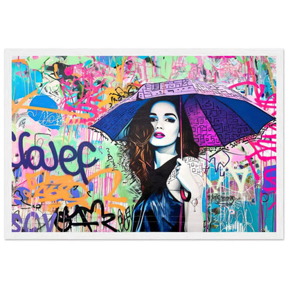 Brunette woman with long hair, holding a purple-blue colored umbrella with black graffiti accents. White wooden framed print-Rainbow Graffiti Tempest-Graphique Addictions