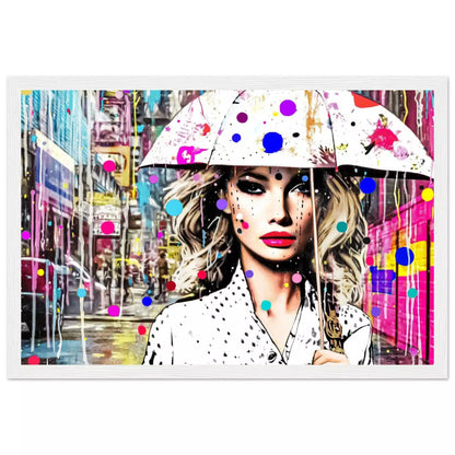 white wooden frame of woman holding a white umbrella with colorful dotted paint splatters. Vivid Vogue Rainfall, Graphique Addictions.
