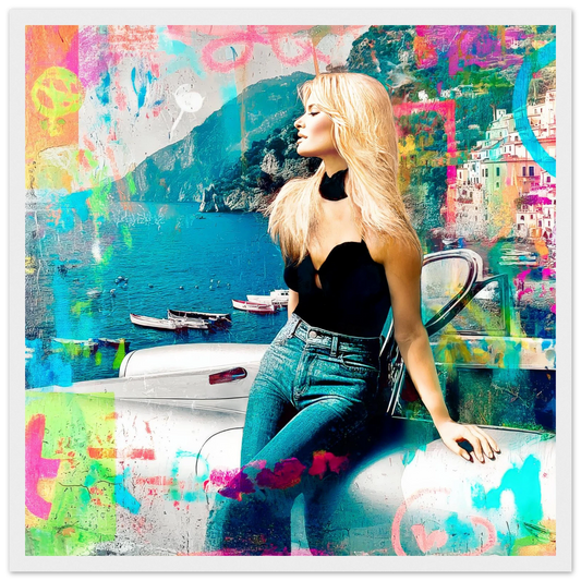 collage art painting of brigitte bardot in italy at the coast of amalfi leaning against a white corvette-white-wooden-framed-print-amalfi-coast-pop-framed-print-6, Graphique Addictions