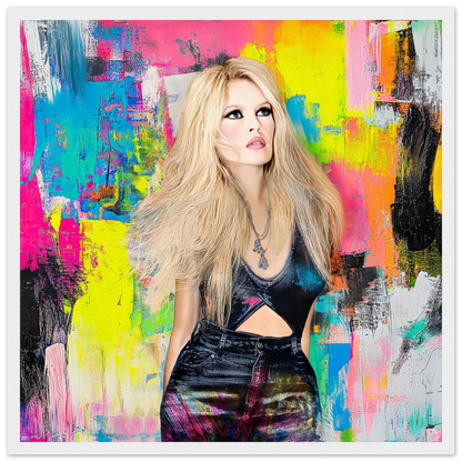 art print of brigitte bardot wearing black jeans and top against a vibrant abstract painting of colorful brushsrokes-graphique addictions-white-wooden-framed-print-brushstroke-bardot, Graphique Addictions