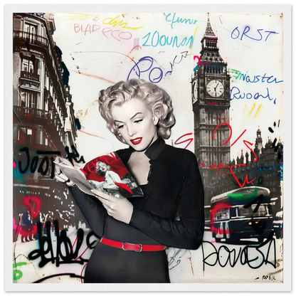 Black and white art of Marilyn Monroe in London with vibrant red lips, Big Ben behind her, and colorful graffiti.-white-16x16-inches-wooden-framed-print-marilyn-in-london-4, Graphique Addictions