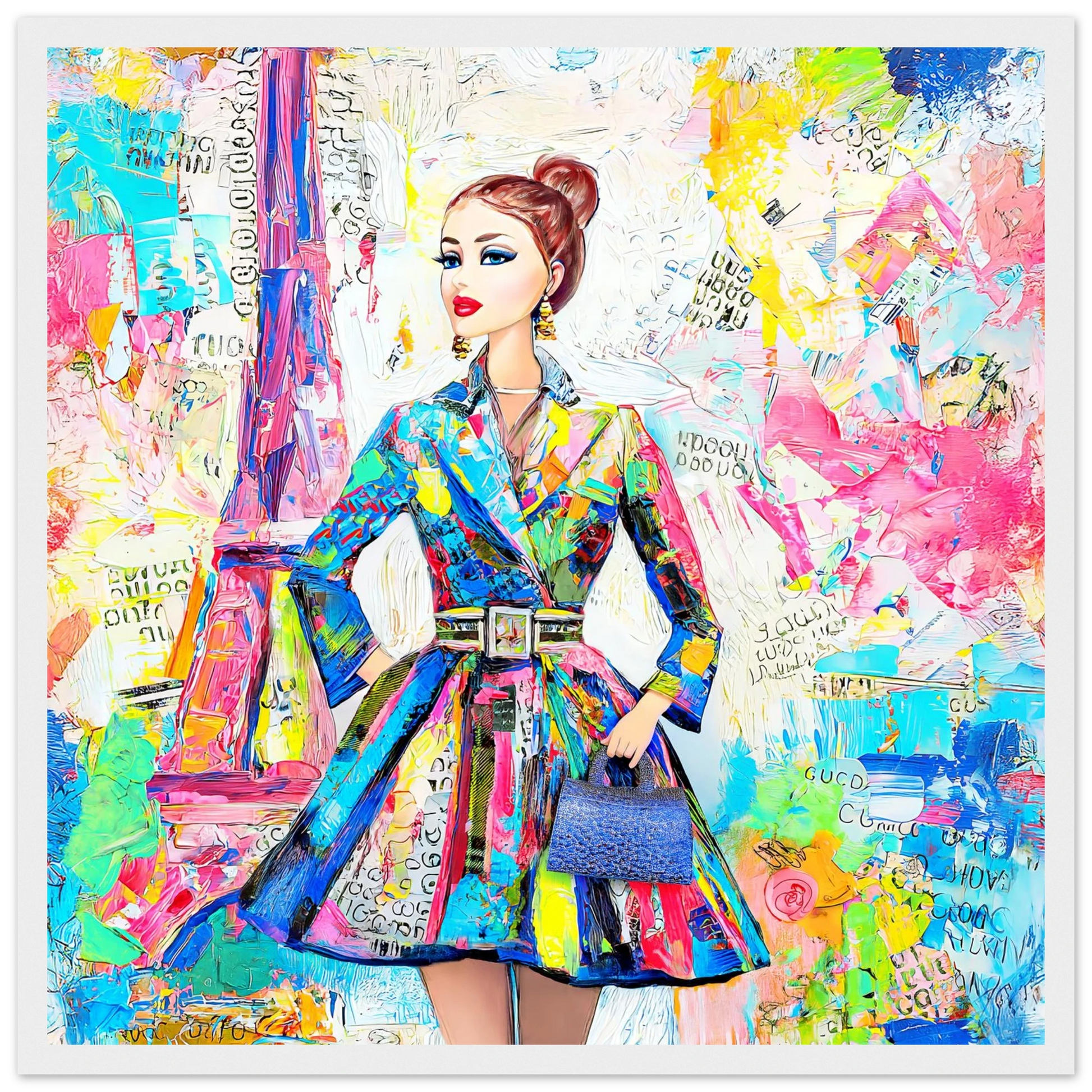 colorful art of a doll figure wearing a trench coat against a Parisian backdrop carrying a blue handbag-white-16x16-inches-wooden-framed-print-monet-paris-dior, Graphique Addictions