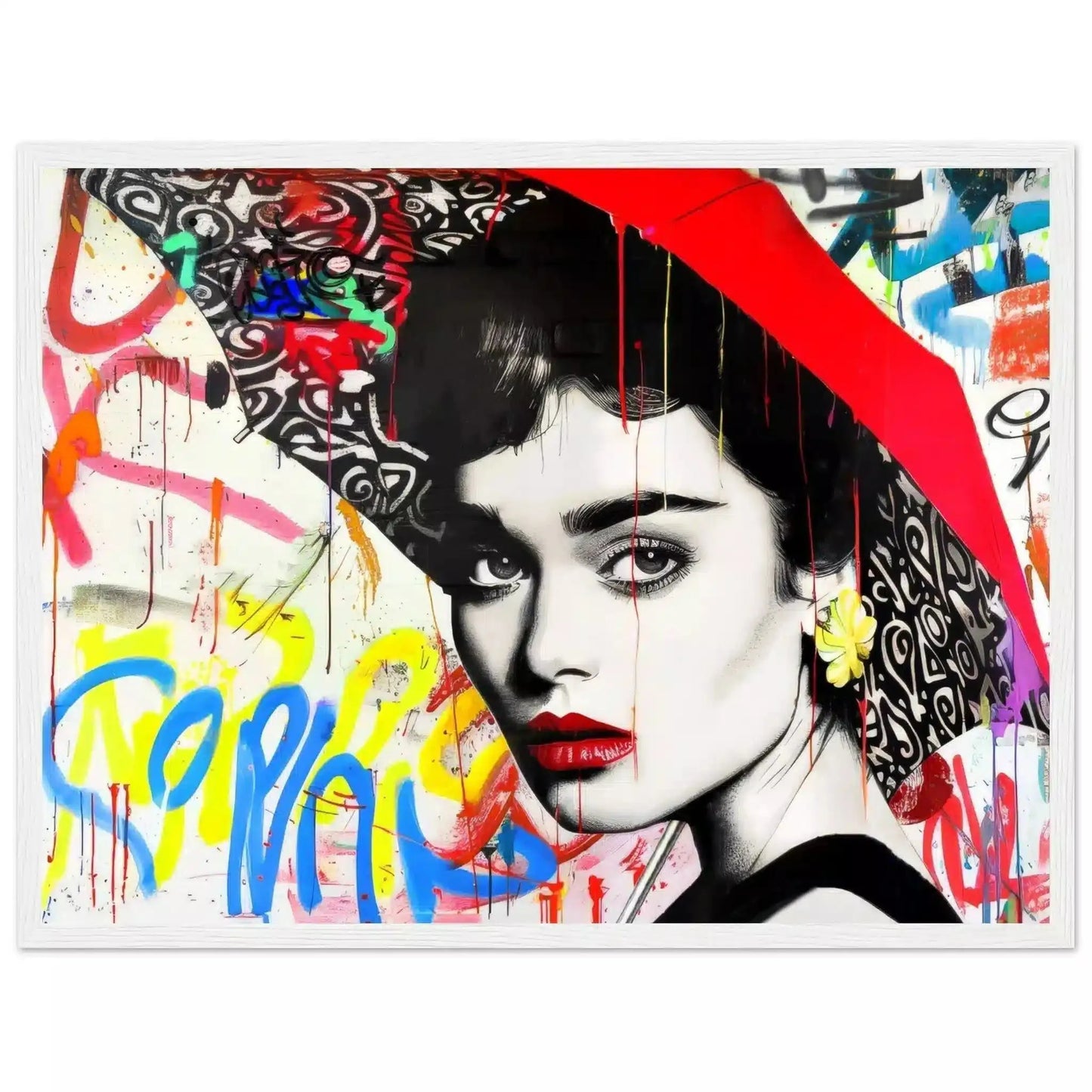 White wooden frame of Audrey Hepburn holding a red umbrella, white backdrop of yellow, blue, and red street-art. Graffiti Rainstorm-Graphique Addictions. 