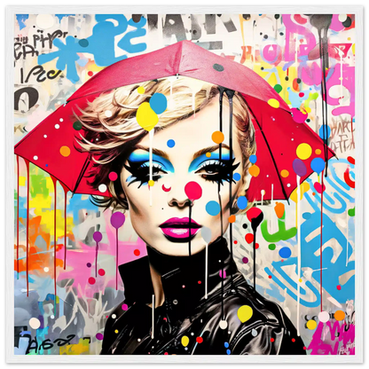 Portrait of a model with bold makeup and polka dots, holding an oversized umbrella, set against colorful street graffiti with lines and paint-drip effects. White Wooden Framed Print-Rain Radiance-Graphique Addictions
