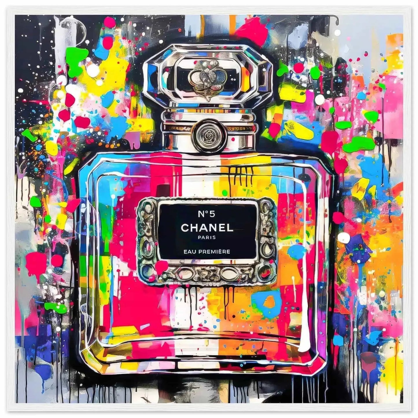 Chanel No5 perfume bottle with colorful graffiti splashes on a gray gradient background. White Wooden Framed Print-Urban Eau de ChanelPrint-Graphique Addictions