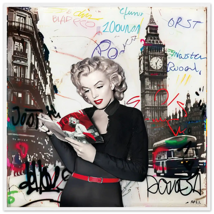 Black and white art of Marilyn Monroe in London with vibrant red lips, Big Ben behind her, and colorful graffiti.-white-28x28-inches-wooden-framed-print-marilyn-in-london-3, Graphique Addictions