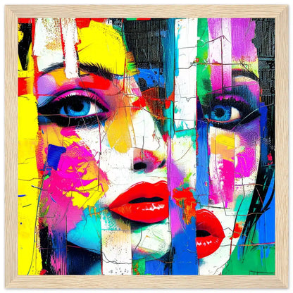 Wooden framed print of woman's face composed of geometric shapes in vibrant colors, aluminum print. Abstract-Femme, Graphique Addictions.