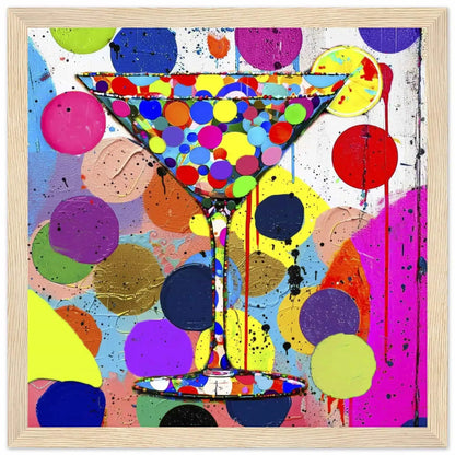 Wooden framed art print of a multi-colored polka-dotted martini glass and colorful dots in the background. Titled: Dotted Martini Delight-Graphique Addictions.