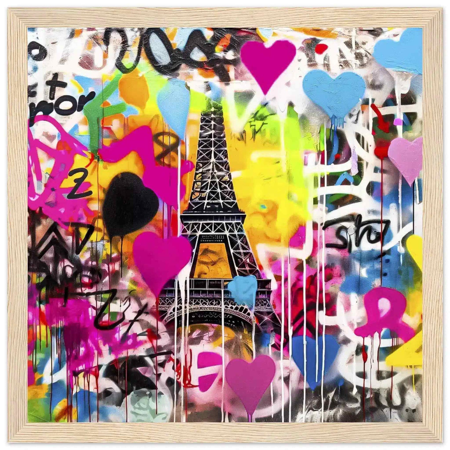 Wooden framed graffiti art print of the Eiffel Tower with colorful splashes, drips, and bold hearts in bright pink, blue, yellow, orange, and black-and-white. Title: Graffiti Paris-Graphique Addictions.